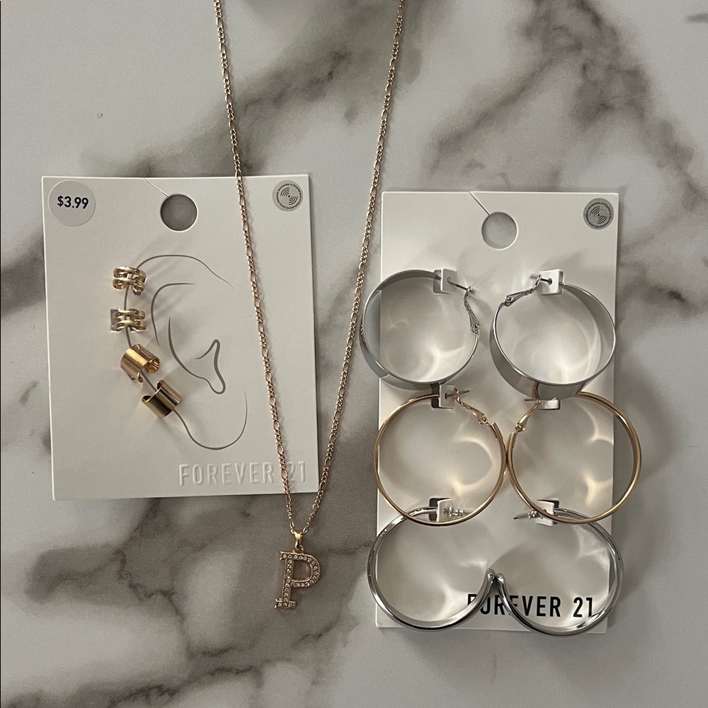 Forever 21 Gold and Silver Hoop Earrings Set and necklace letter P. #2